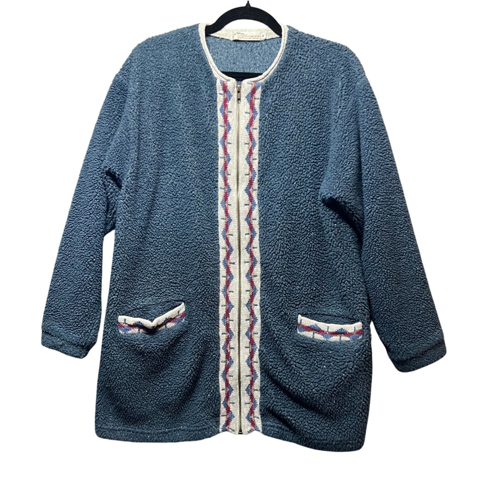 Vintage‎ Norm Thompson Fleece Fill Zip Cardigan Aztec Trim Pockets Cozy Blue M